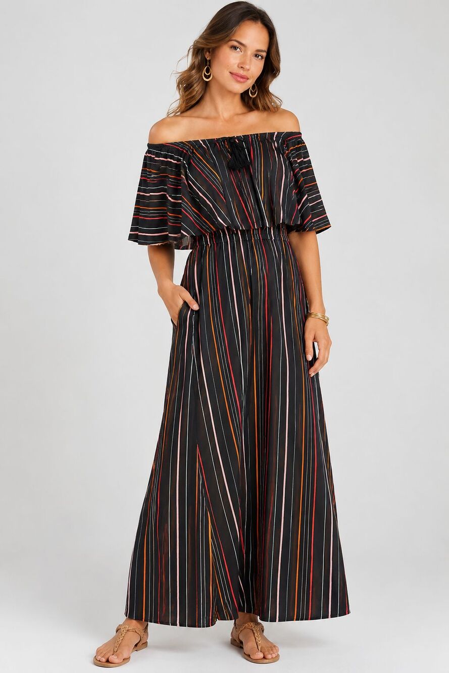 Garnet Hill Striped Maxi Off Shoulder Dress Sz Small